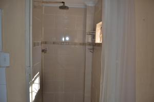 a shower with a glass door in a bathroom at Heloise Home Stay in Oudtshoorn +5 photos