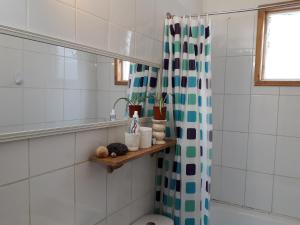 bagno con tenda per la doccia e servizi igienici di departamento valdivia a Valdivia Altre 51 foto