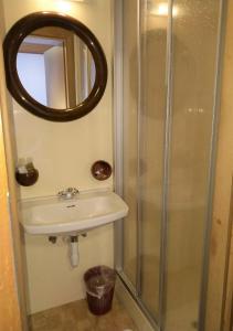 uma casa de banho com um lavatório e um chuveiro em Gasthof zur Sonne em Lasa