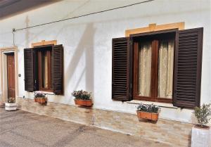 3 ventanas con persianas en un edificio con plantas en Casa&Mare en Pizzo