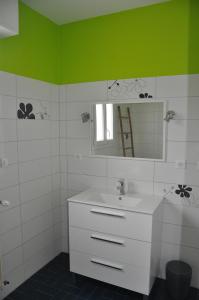 a bathroom with a white sink and a green wall at Chez Tib in Trégunc