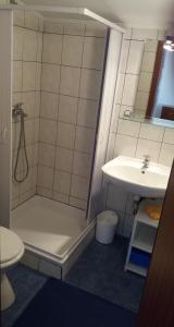 een badkamer met een douche en een wastafel bij Studio apartman in Dramalj