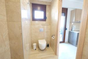 Un baño con inodoro y ducha de cristal. en Villa Valerie, en Nikiti 81 fotos más