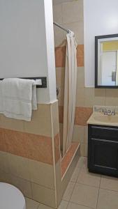 y baño con ducha y lavamanos. en Antonio Hotel - Downtown Los Angeles, near Hollywood, en Los Ángeles