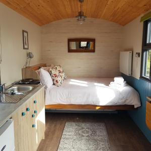 a bed in a small room with a sink at Dingle Way Glamping in Anascaul