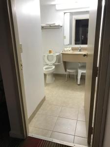 a bathroom with a toilet and a sink and a mirror at Elizabethan Inn in Manteo