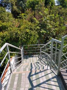 a stairway with a metal railing and trees at Sobrado Terezinha in Foz do Iguaçu
