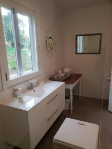 a white bathroom with a sink and a mirror at Rosendale Stables in New Norfolk
