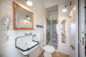 a bathroom with a toilet and a sink and a shower at Maresia Rooms in Procida