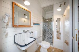 a bathroom with a toilet and a sink and a shower at Maresia Rooms in Procida