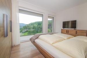 a bedroom with a bed and a large window at Apartment Hotel Christine in Avelengo