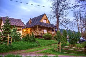 una cabaña de madera con una valla delante en Domek Płazówka en Witów