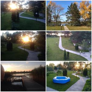 un collage de cuatro fotos de un parque en Дом в лесу на берегу Днепра для отдыха, аппартоменты, en Budishche