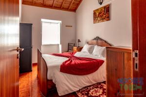 ein Schlafzimmer mit einem großen Bett mit einer roten Decke in der Unterkunft Casa do Tio Jose in Doze Ribeiras