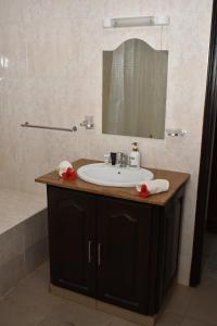 a bathroom with a sink and a mirror at Zeph self catering in Baie Lazare Mahé