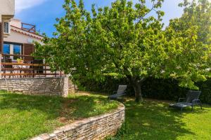 two chairs sitting under a tree next to a wall at Elvira in Medulin