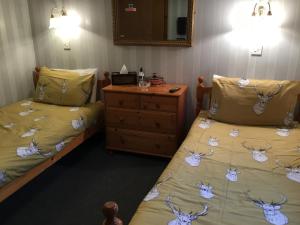 a bedroom with two beds and a dresser and a mirror at Alltonside Guest House in Fort William