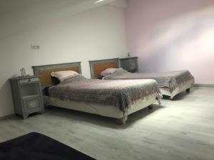 two beds in a white room with twoitures at Gîte L'entre 2, 7personnes à COLOMBEY proche de Nigloland in Colombey-les-deux-Églises