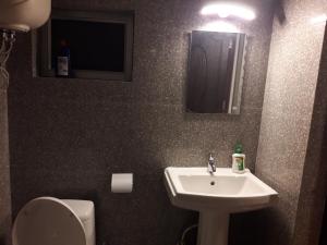 Un baño con lavabo, inodoro y espejo. en FRATERNITY HOMESTAY, en Darjeeling
