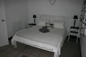 a bedroom with a white bed with two dogs on it at And the cow jumped over the moon... in Nieu-Bethesda