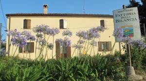 un edificio con flores púrpuras delante de él en FATTORIA DELLA BILANCIA en San Giovanni in Marignano