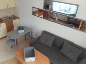 uma sala de estar com um sofá e uma mesa em Mazurskie Wzgórze 2 em Rydzewo