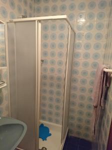 a bathroom with a shower with blue and white tiles at Kuća za odmor Magdalena in Vrtlinovec