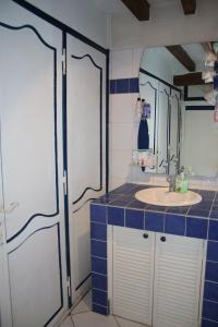a blue and white bathroom with a sink and a mirror at Maison cathedrale proche Paris in Pavant
