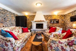 ピネジチにあるVilla Korinaの2つのソファと暖炉のあるリビングルーム