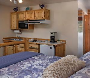 a small kitchen with a bed in a room at Redfish Riverside Inn in Stanley