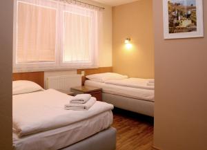 2 łóżka w małym pokoju z oknem w obiekcie Sedlecký Dvůr w mieście Sedlec