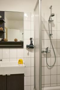 a bathroom with a sink and a shower at Apartments 4 YOU - Lange Straße in Fürth
