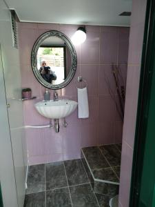 uma casa de banho com um lavatório e um espelho em country & sea em Artemida