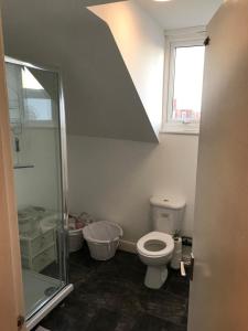 a bathroom with a toilet and a shower and a window at Blackpool Home with Tower View in Blackpool