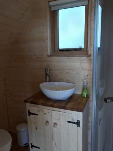 a bathroom with a sink and a window at Sutor Coops The Den with Hot Tub in Cromarty