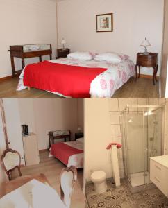 two pictures of a bedroom with a bed and a bathroom at Hotel Restaurant Du Kalblin in Fréland