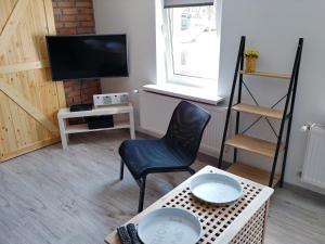 ein Wohnzimmer mit einem Stuhl und einem TV in der Unterkunft Apartament w Karkonoszach in Podgórzyn