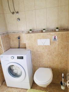 ein Badezimmer mit einer Waschmaschine und einem WC in der Unterkunft Sophos in Supetar