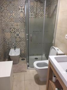 a bathroom with a shower and a toilet and a sink at La Casa del Mar in Garachico