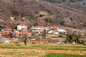 a large red kite flying over a village at Mulberry house in Šempas