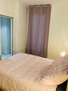 1 dormitorio con 1 cama con cortina púrpura en Esprit Cosy sur plateau central, en Clermont-Ferrand