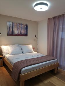 1 dormitorio con 1 cama grande con almohadas blancas en Via stenna, en Flims