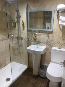 uma casa de banho com um WC, um lavatório e um chuveiro em The Hind Hotel em Wellingborough