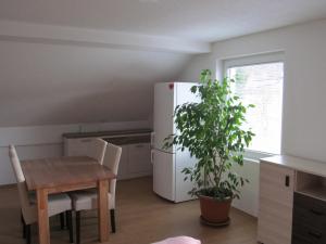 a kitchen with a table and a white refrigerator at Natasa Apartments in Jezerce