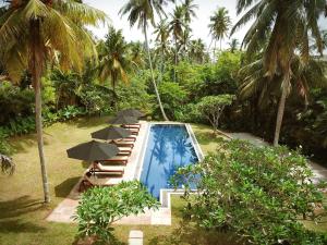 einen Pool mit Sonnenschirmen und Liegestühlen neben einem Resort in der Unterkunft Abode Ahangama in Ahangama