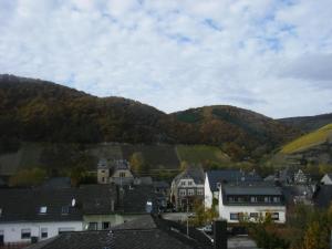 una ciudad con casas y montañas en el fondo en Ferienwohnung M. Lemmermeyer, en Neumagen-Dhron