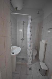 W łazience znajduje się prysznic, umywalka i toaleta. w obiekcie Double M near Athens Airport w mieście Markopoulo Mesogaias +37 zdjęć