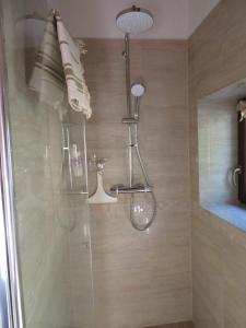 a shower with a glass door in a bathroom at Casa Beghino in Lama Mocogno