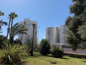 a park with palm trees and tall buildings at Apartamento Aqua Nature Delfin in La Mata