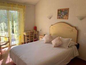 a bedroom with a large white bed and a window at Les Colonnes in Gréoux-les-Bains